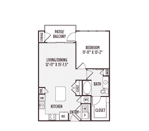 Floor plan for 1 bed, 1 bath, 736 sqft